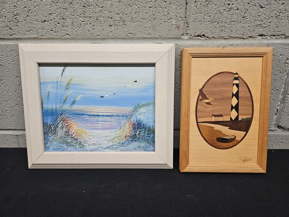 Original Beach Painting Signed 'Davis', and Wooden Inlaid Lighthouse Artwork (S-4)