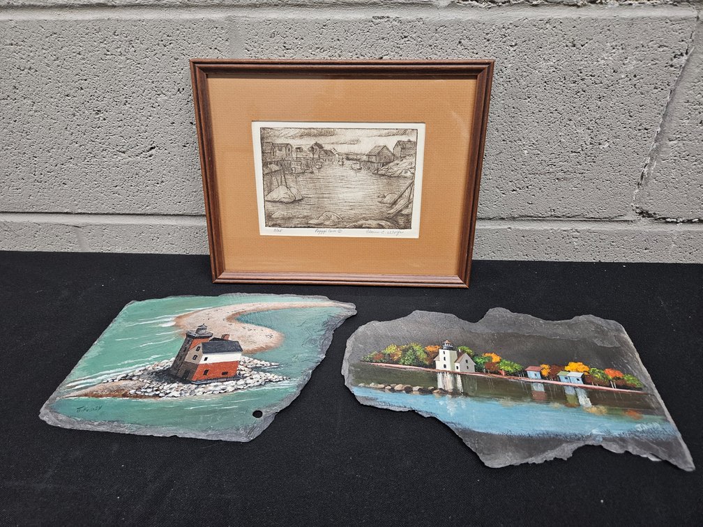 Signed Etching by Elaine C. Wolfe, and Original Paintings on Slate Signed J. Kibby (S-4)