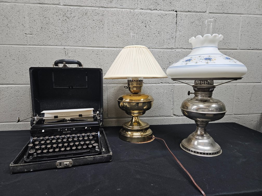 Royal Typewriter, Converted Electric Lamp, and Rayo Oil Lamp (S-12)