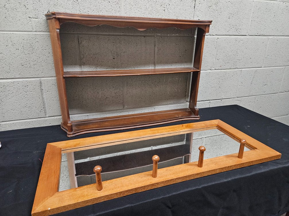 Vintage Wooden Display Shelf, and Mirror with Hooks (S-10)