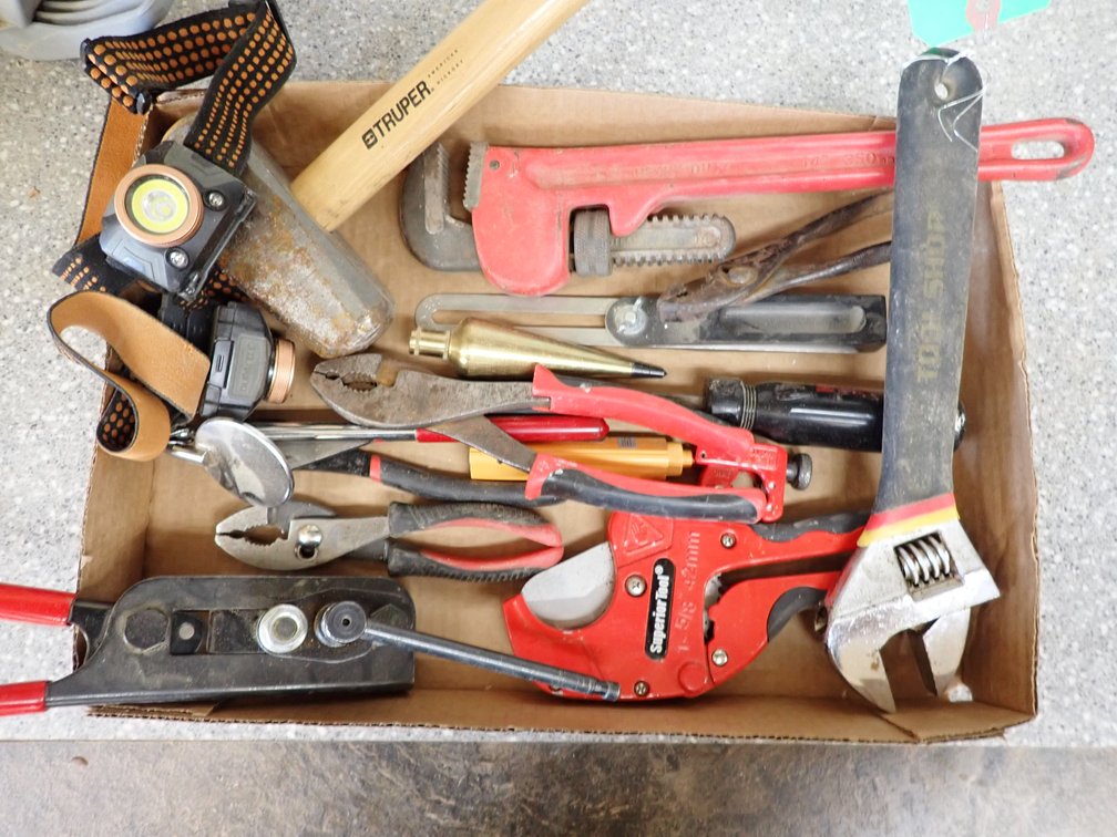 14" pipe wrench, head lamps, plumb bob