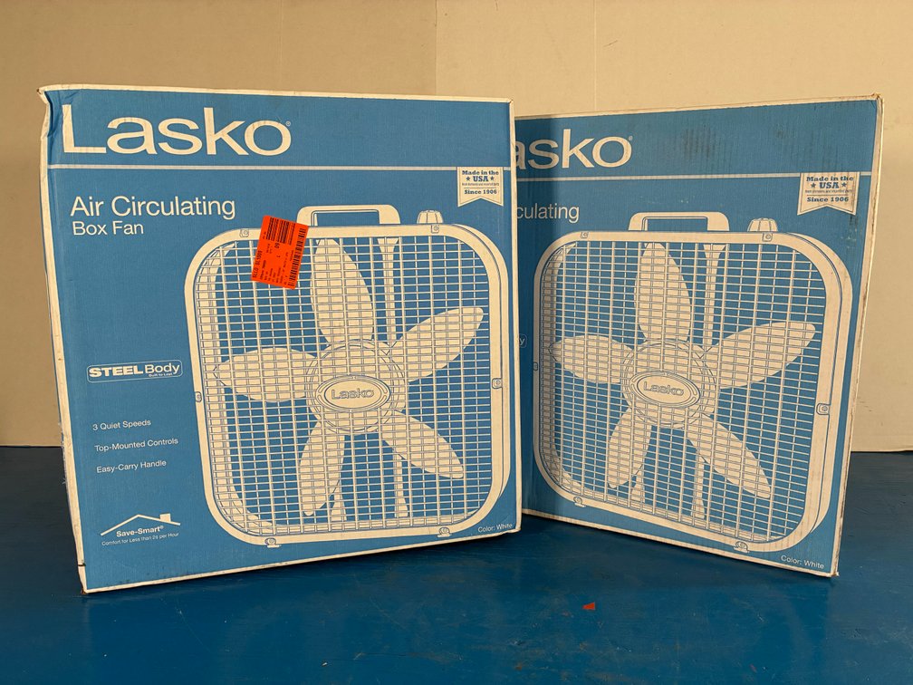 (2) Lasko 20 in. 3 Speed Air Circulating Box Fan for Home in White with Save Smart Technology, 1820 CFM and Carry Handle