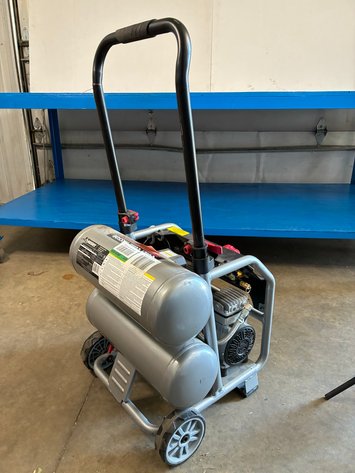 Image for Husky 4.5 Gal. 175 PSI Portable Electric Oil-Free Quiet Twin Stack Jobsite Air Compressor w/Rubber Wheels and 2-Quick Couplers