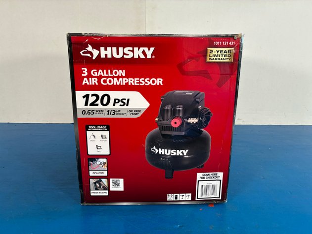 Image for Husky 3 Gal. 120 PSI Portable Electric Oil-Free Light Duty Pancake Air Compressor with Fold Down Handle and 1-Quick Coupler