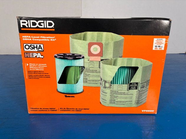 Image for Ridgid VF6500 OSHA Compatible Kit With (1) HEPA-Media Filter And (2) Cyclonic Pre-Separator Dust Bags