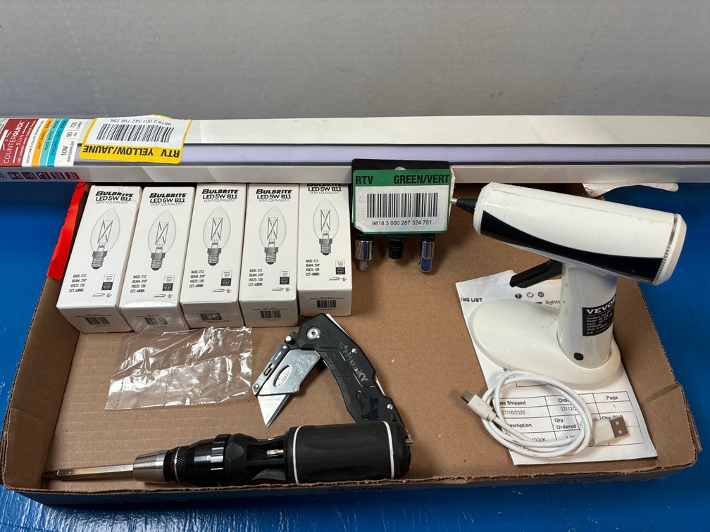 LOT: Husky Utility Knife, Husky Screwdriver, Light Bulbs, Undercabinet Light, Rechargeable Glue Gun