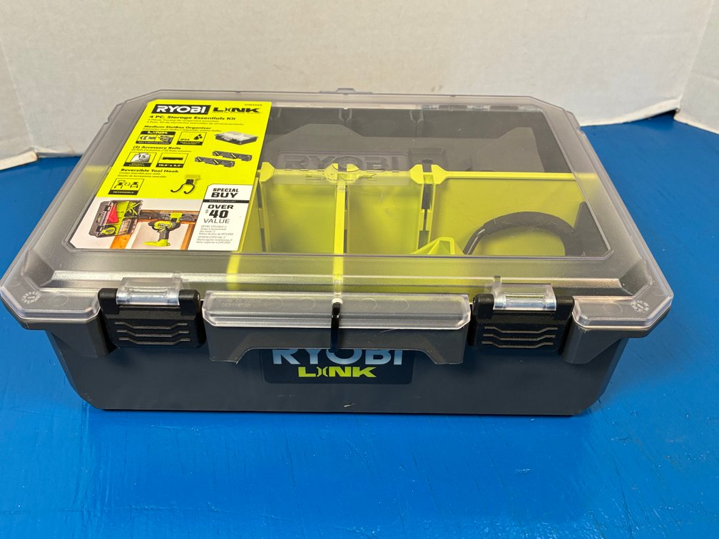 RYOBI Tools 4 PC. Storage Essentials Kit (LINK Compact Tool Storage Essentials Kit SB with (1) Link Acc Rail (1) Med 13 in Slide Box Parts Org (1) Rev Tool Hook)