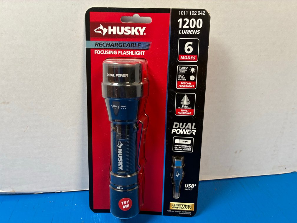 Husky Rechargeable Focusing Flashlight Dual Power 1200 Lumen 6 Modes