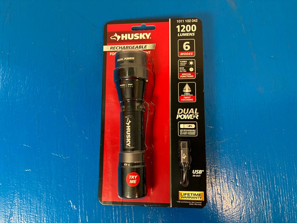 Husky Rechargeable Focusing Flashlight Dual Power 1200 Lumen 6 Modes