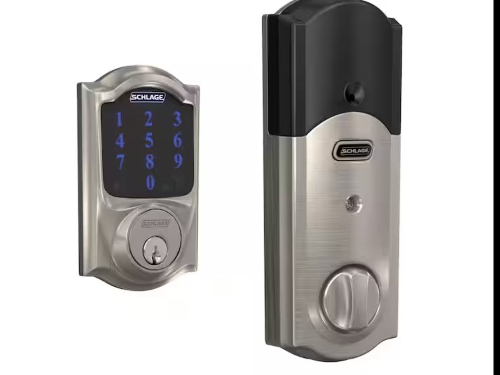 Schlage Camelot Satin Nickel Electronic Connect Smart Deadbolt with Alarm - Z-Wave Plus Enabled