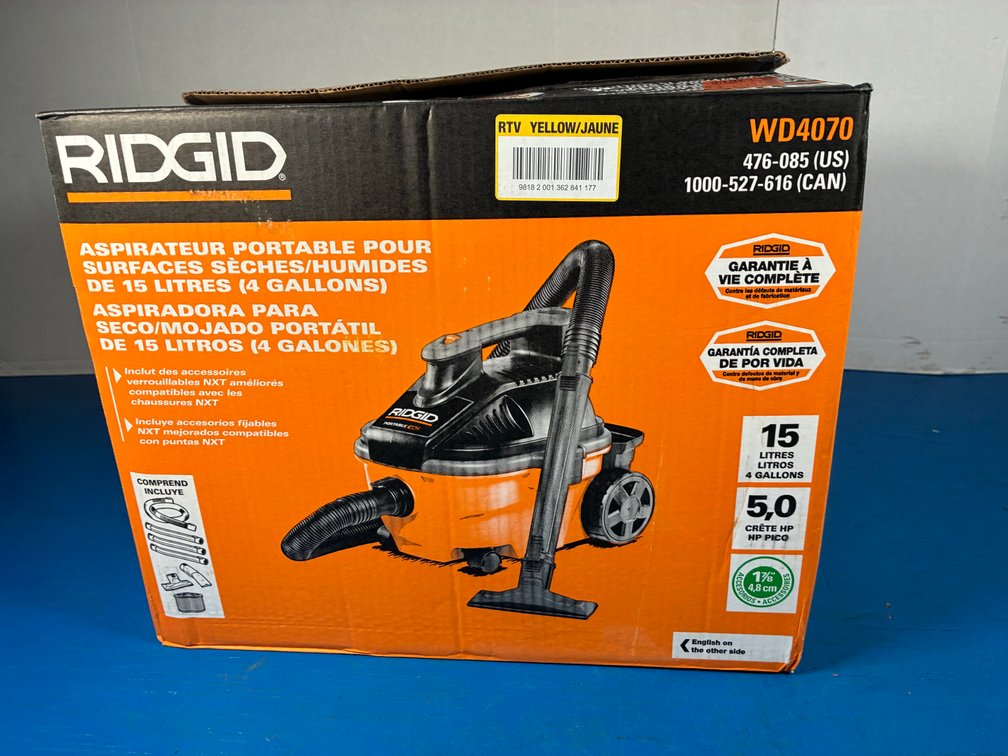 Ridgid 4 Gal. 5.0 Peak HP Portable Shop Vacuum Wet Dry Vac with Fine Dust Filter, Locking Hose and Attachments WD4070