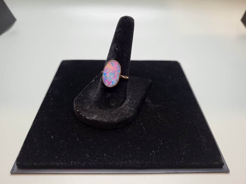 10K yellow gold blue opal ring, size 6
