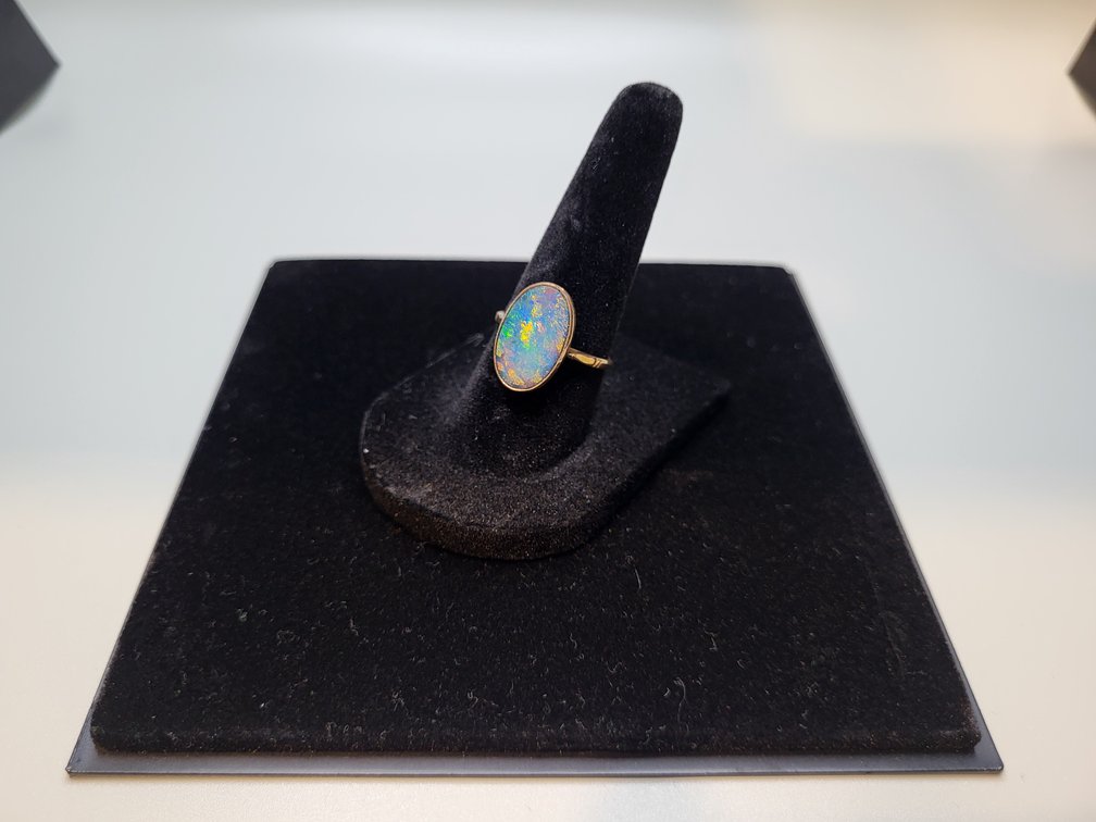 10K yellow gold blue opal ring, size 6