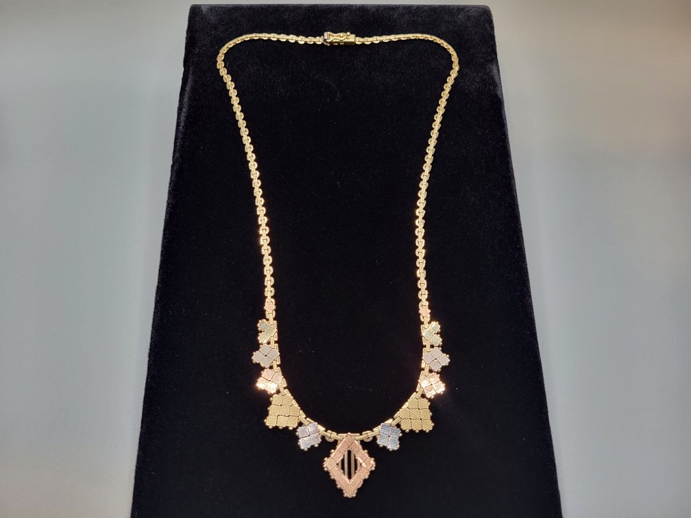 14k yellow gold necklace with white and rose gold accents