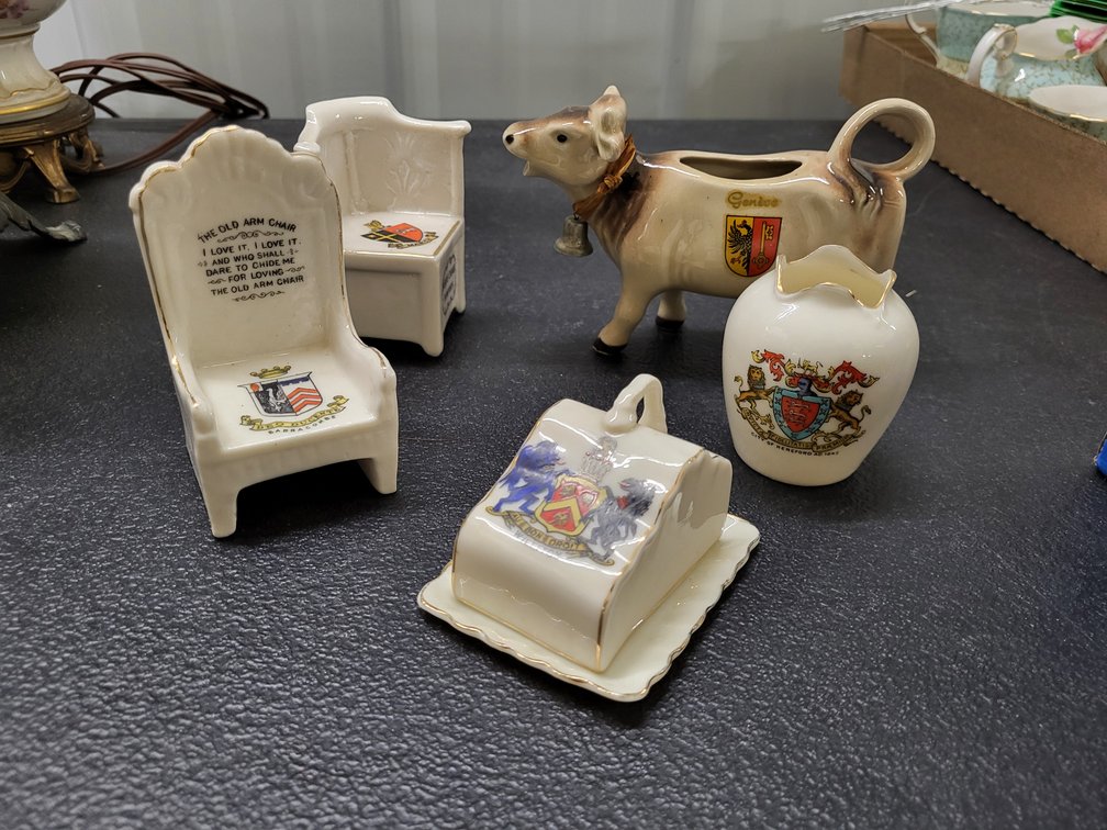 Souvenirs, porcelain. Circa 1920's. "The Old Armchair" with poem and a mini cheese keeper. 3-1/2" & 1-1/2". The Set.