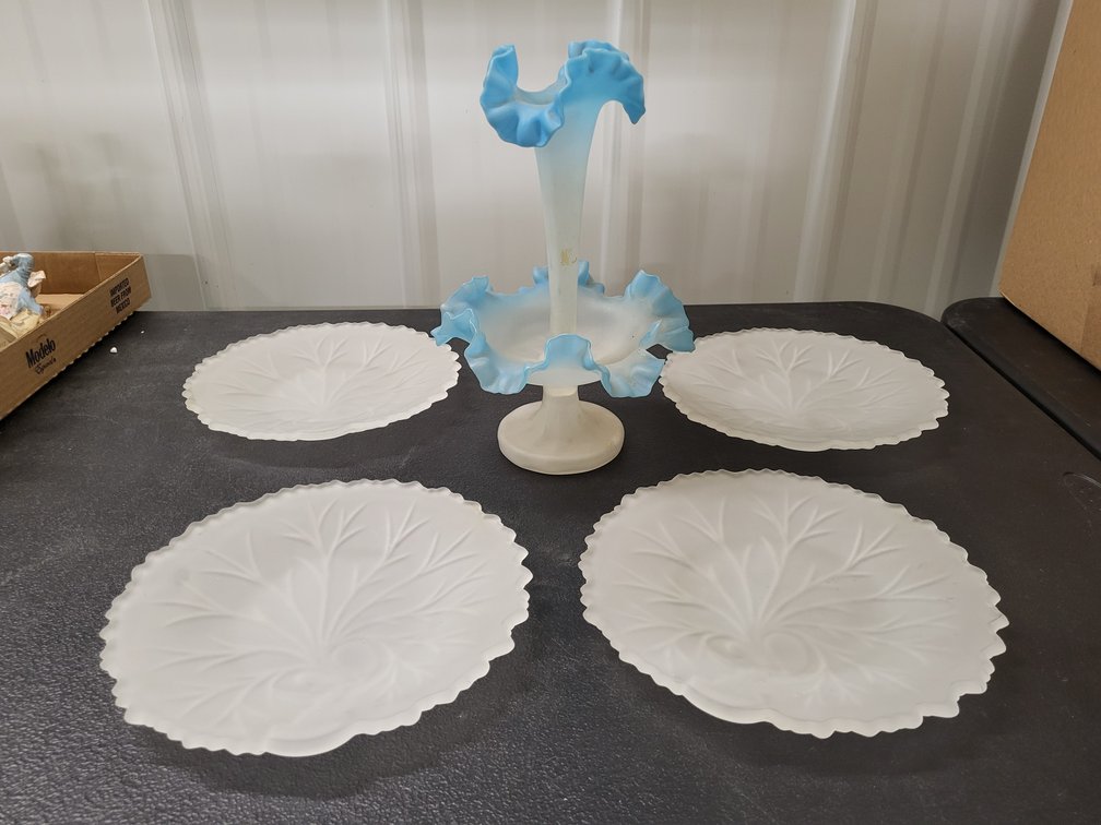 Epergne, blue satin glass