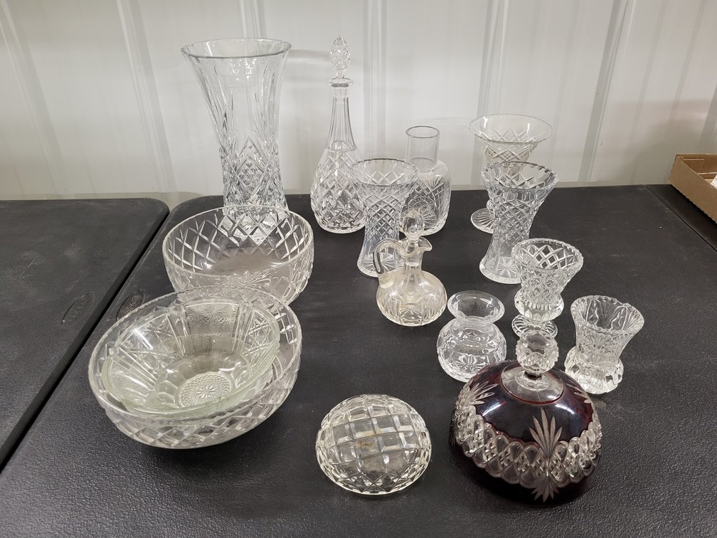 Clear glass, crystal vases, cruet, bowls