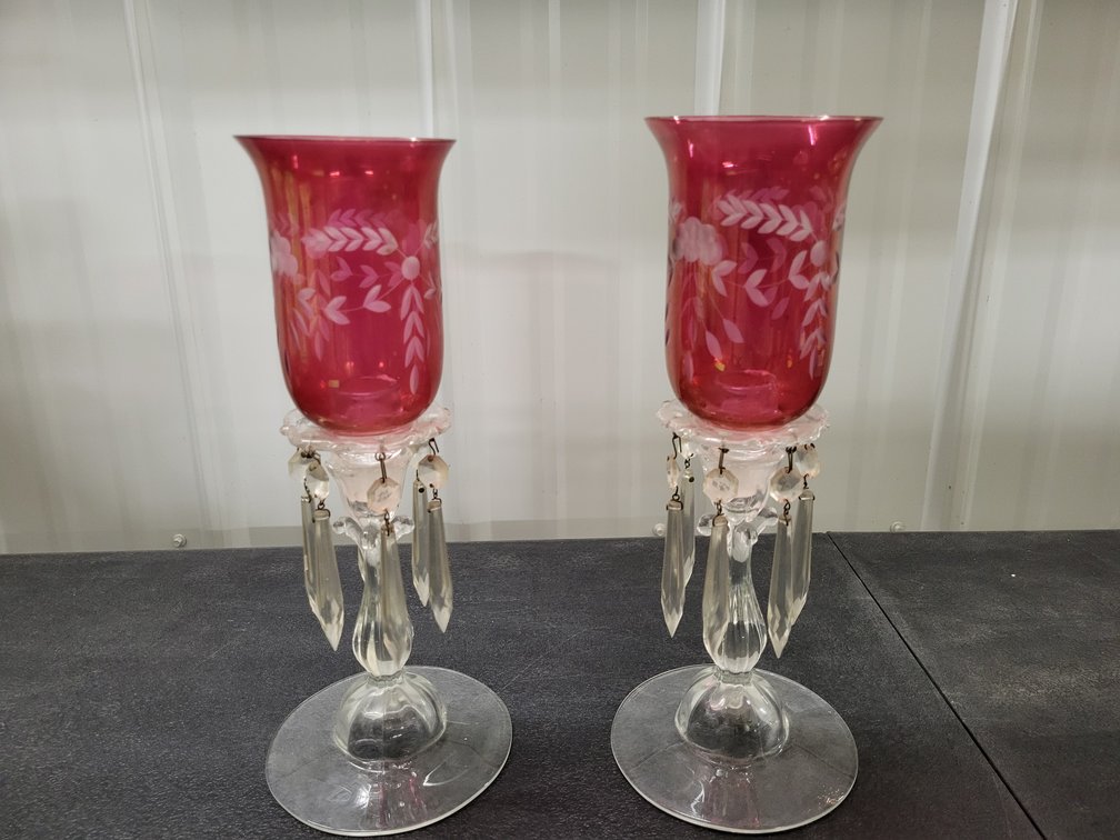 Etched glass lustres. Cranberry hurricanes on clear bases with prisms