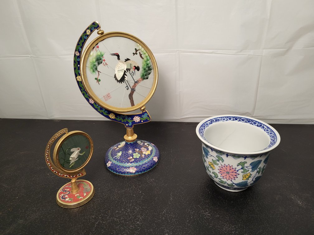 (2) Silk embroidered two sided pieces with frame; Porcelain planter