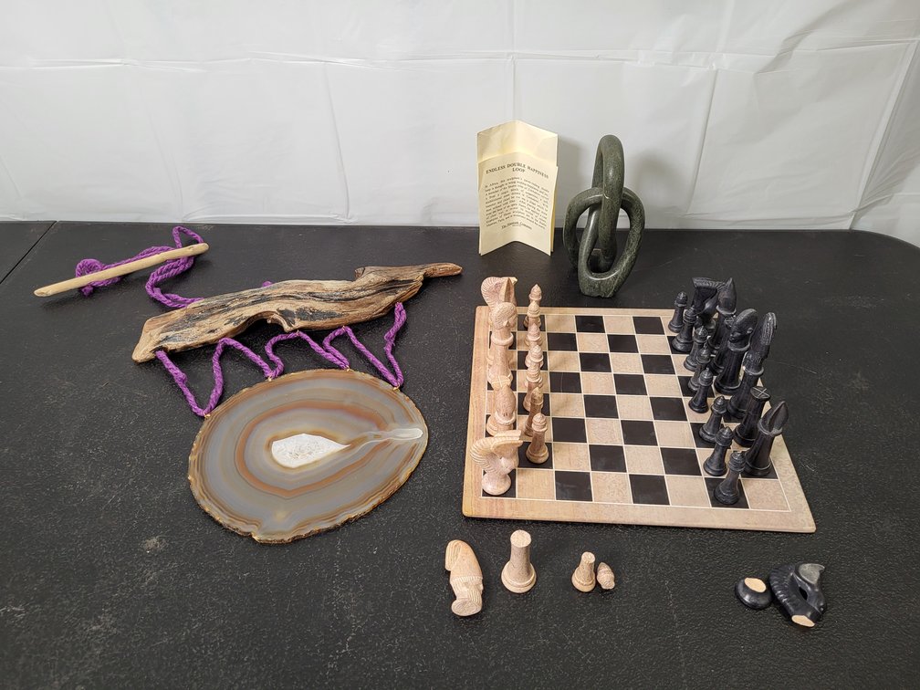Stone chess set, carved endless double happiness loop, agate wall hanging