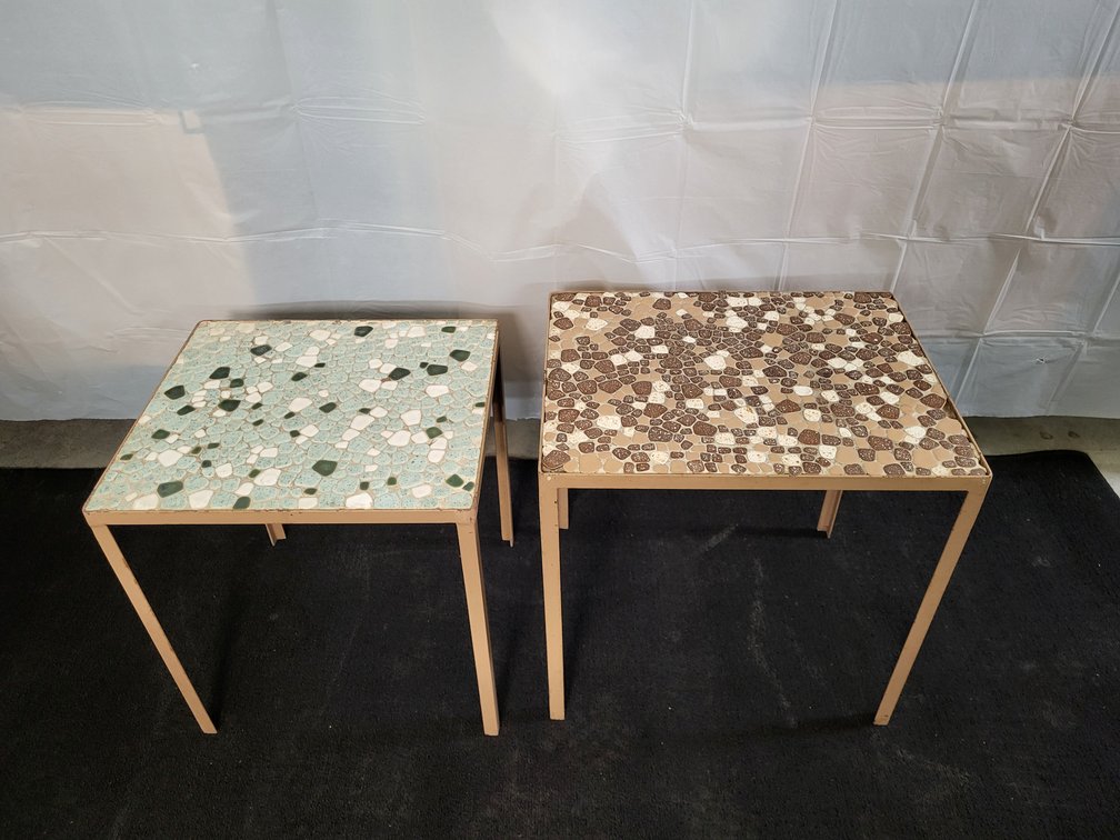 Nesting tables, metal bases with stone tops
