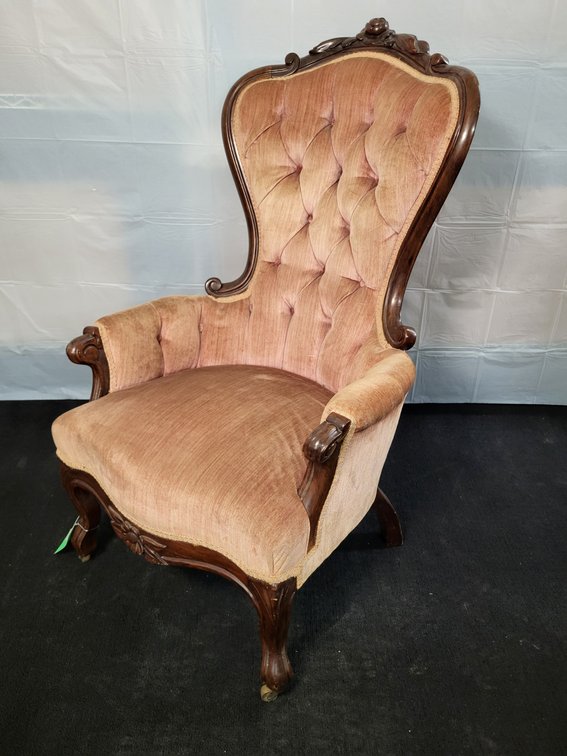 Armchair, walnut frame with rose velvet upholstery