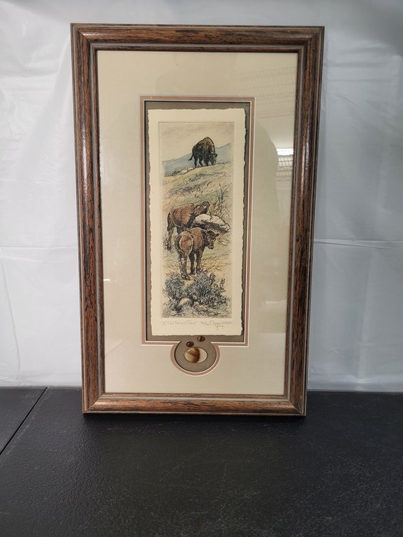 Etching, framed. "Tool for Time". Bill Coppock. Dimensions: 13" x 6".
