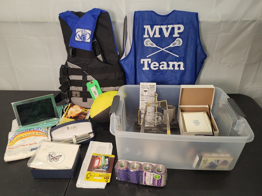 S/M Life jacket, foam football, stationary, wallets, Bill Blass pen set