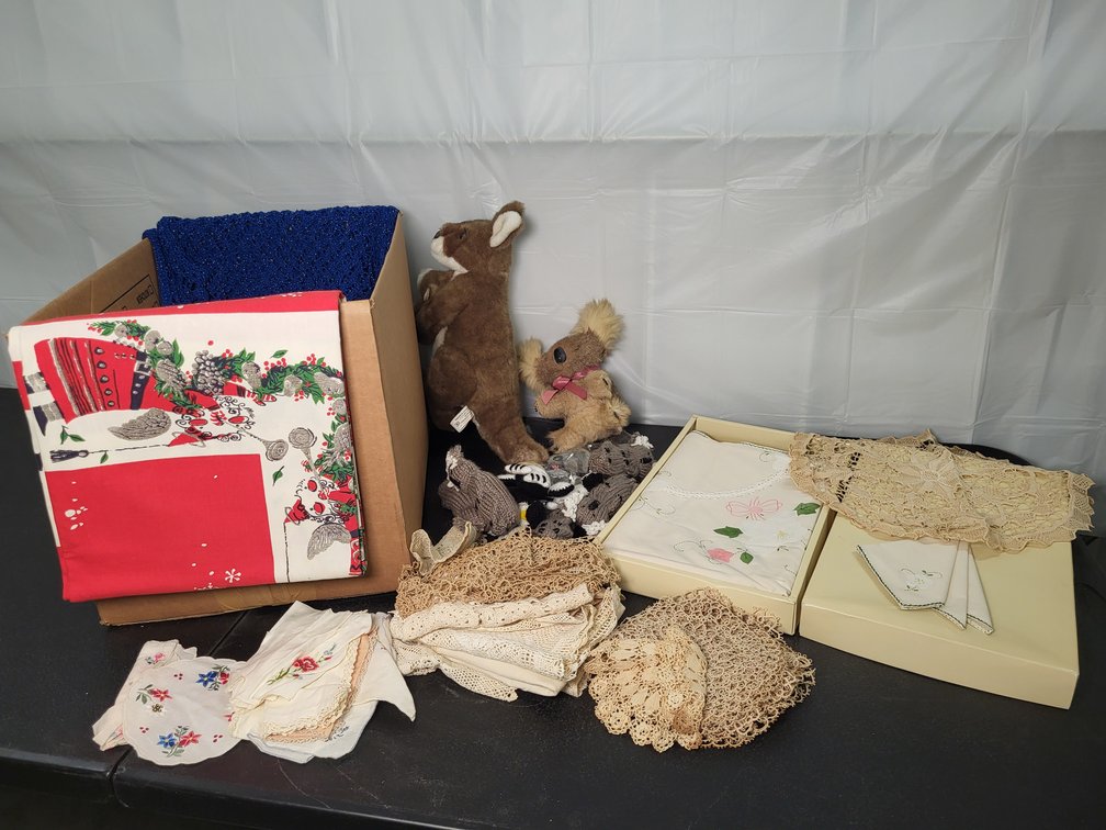 Handkerchiefs, doilies, table clothes, stuffed animals, tatting