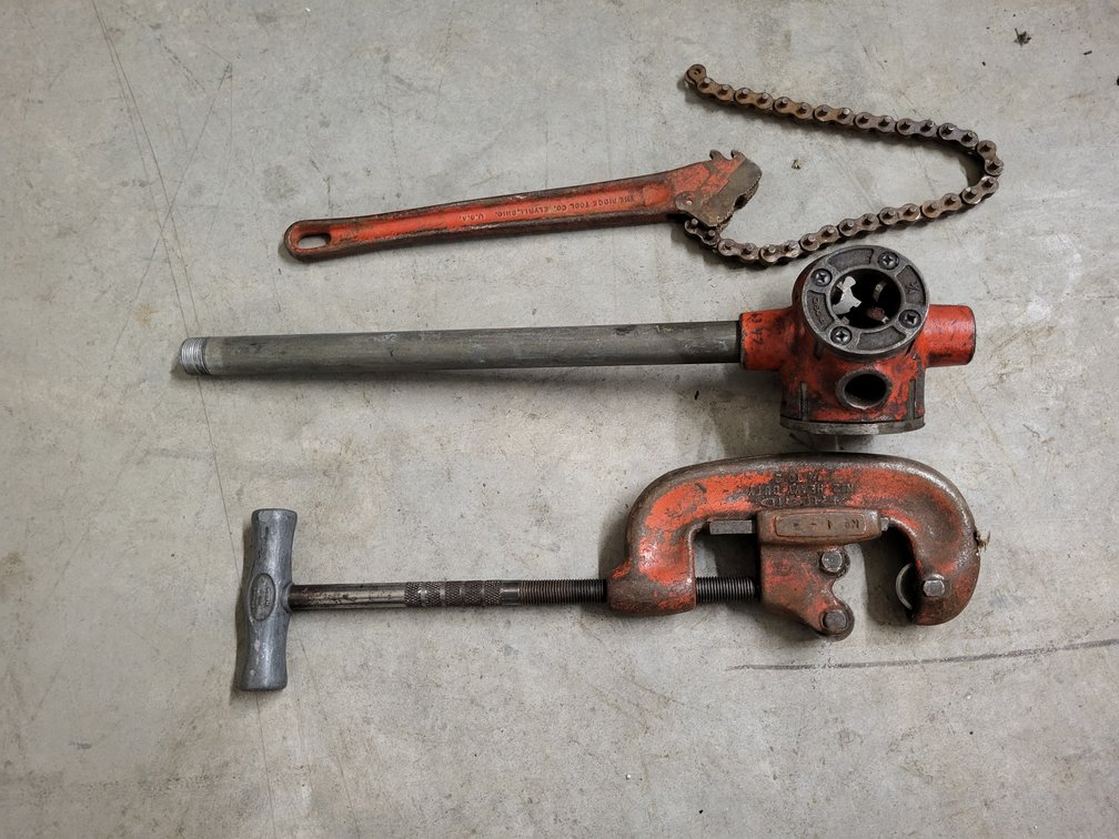 Ridgid pipe threading tools: No. 1 pipe cutter, No. 31-A, and chain handle