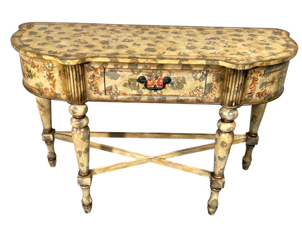 Hand-Painted Demilune Side Table with Floral Motif and Turned Legs