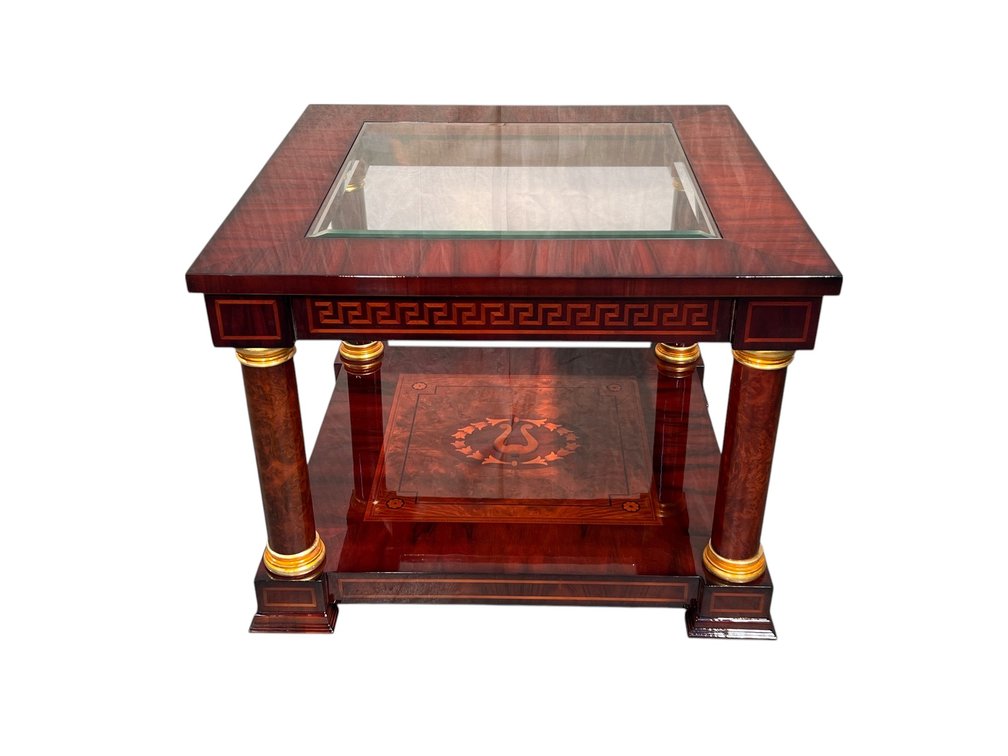 Mahogany and Burlwood Veneer Center Table with Glass Top and Gilt Accents