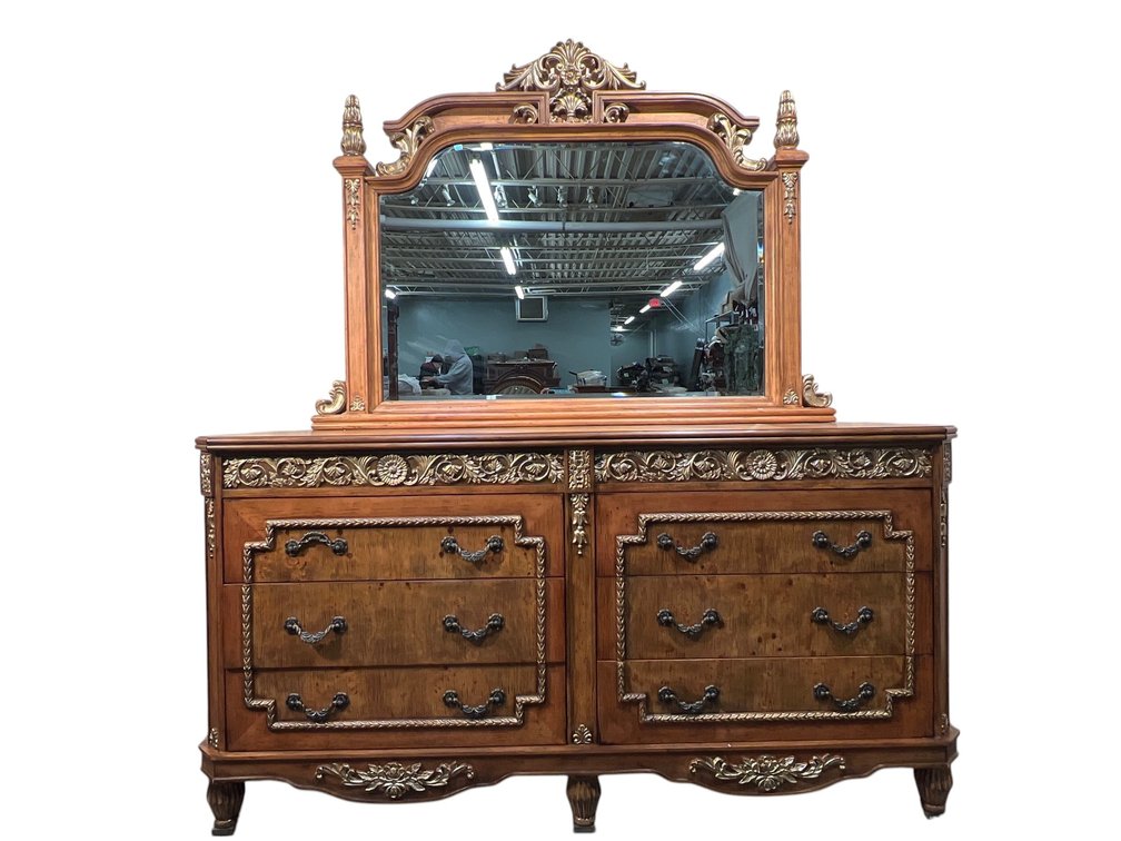 Ornate Carved Wood Dresser with Mirror and Gold Leaf Accents