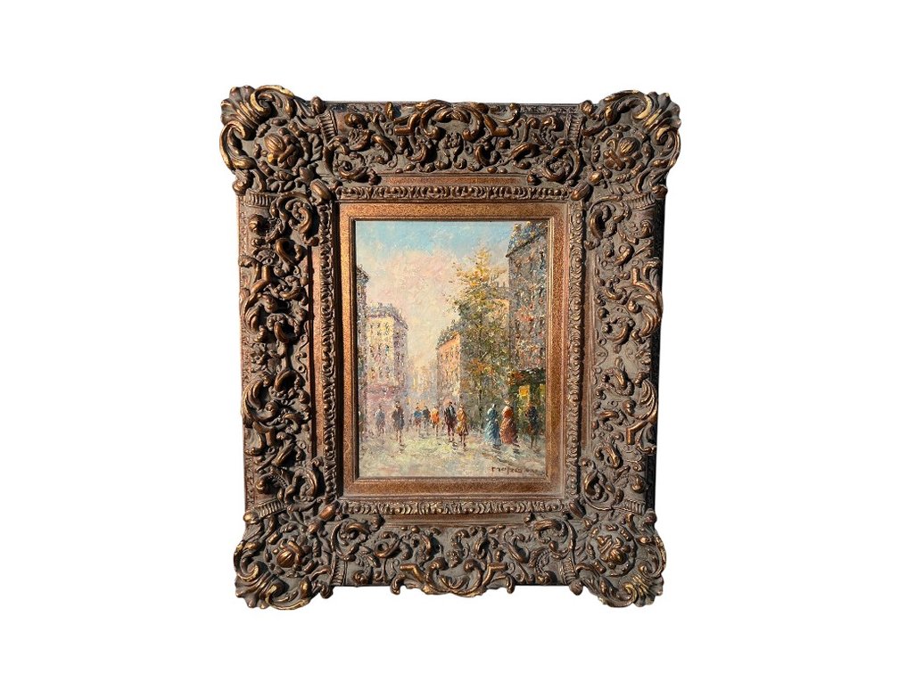 Piergani Oil Painting in Elaborate Carved Wood Frame, 25 x 29"