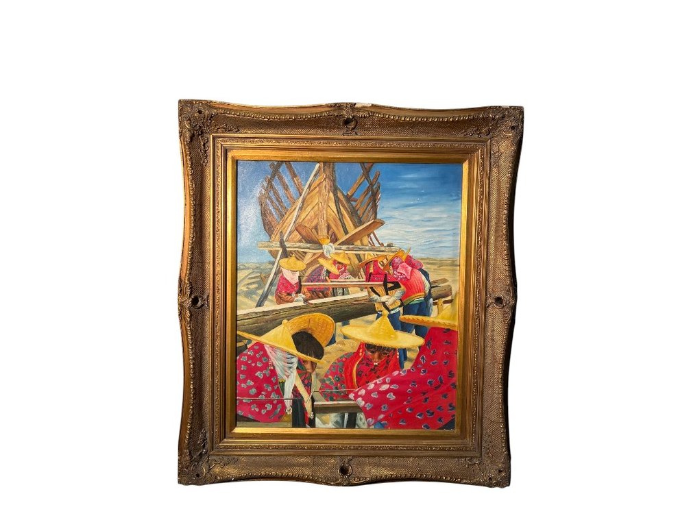 Framed Oil Painting Depicting Workers in Straw Hats, 29 x 33"