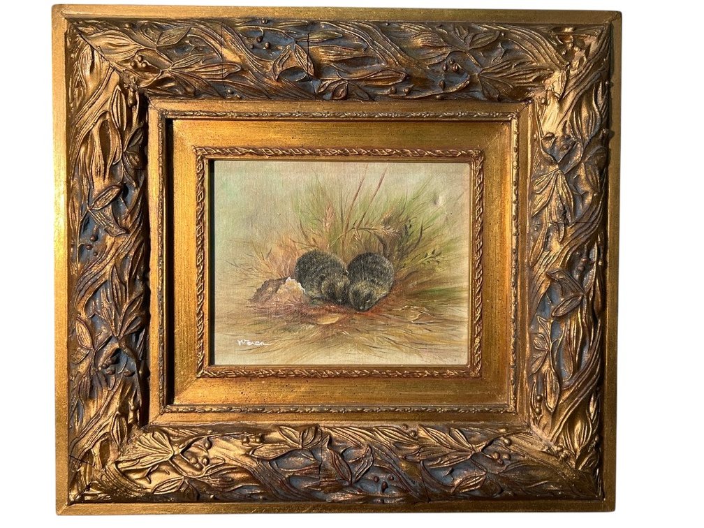 Oil Painting of Two Voles in Ornate Gilded Frame Signed R. Even, 20 x 18"