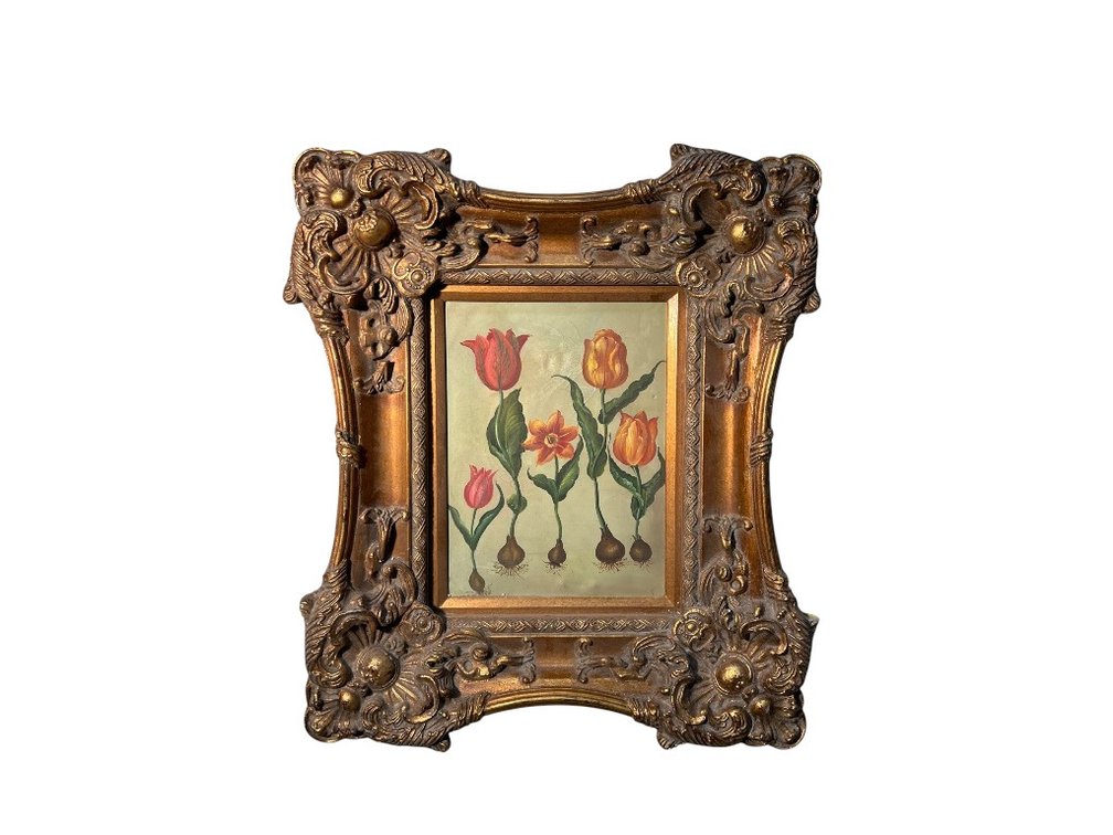 Floral Botanical Oil Painting with Baroque Style Gilded Frame, 24 x 28"