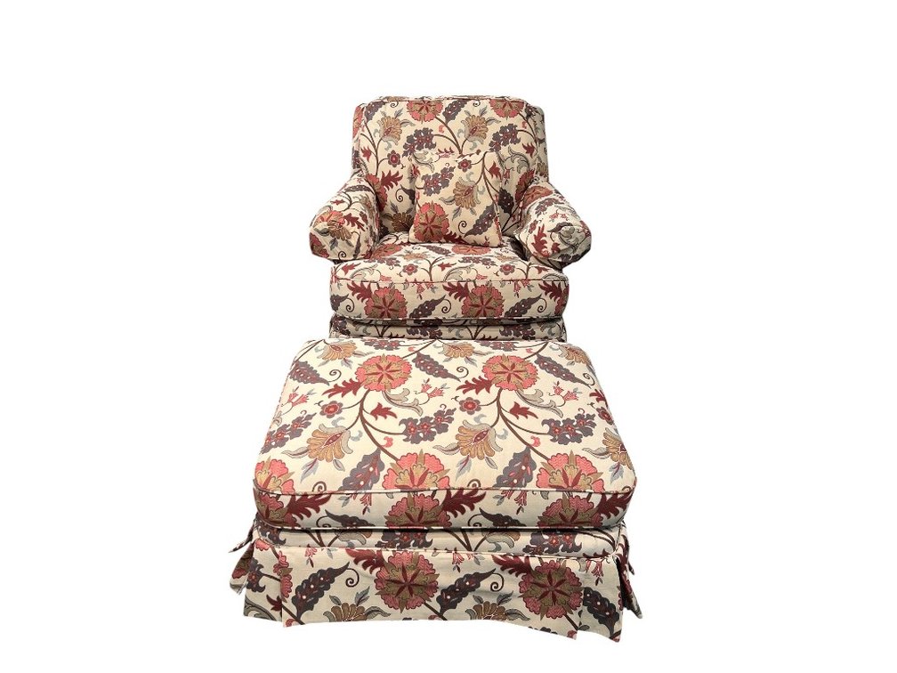 $1,800 New Upholstered Armchair and Ottoman Set with Floral Jacquard Fabric