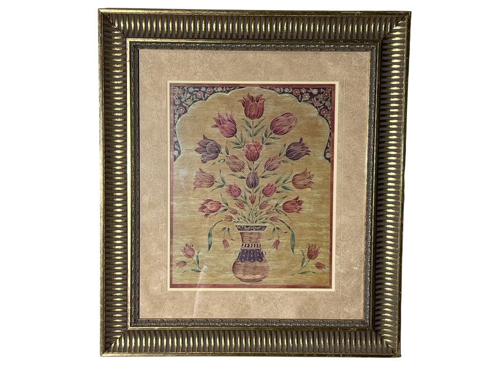 Framed Floral Artwork with Ornate Gilded Carved Frame