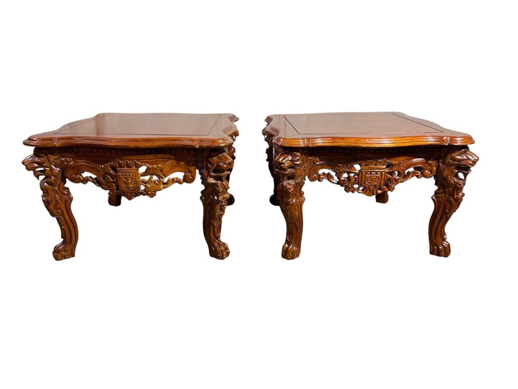 Hand-Carved MahoganySalon Tables with Lion Motif and Scrollwork