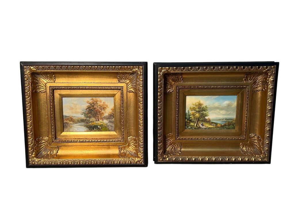 Pair of Oil-on-Panel Pastoral Landscape Paintings with Gilded Frames, 15 x 14"