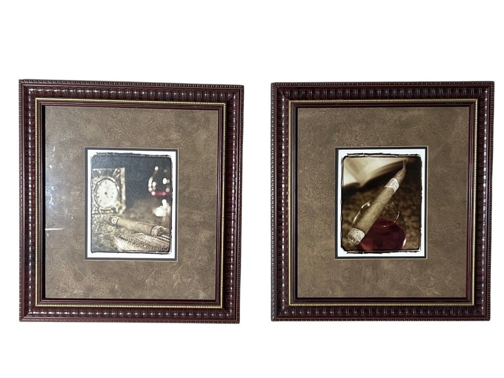 Burns "Cigar Time" Paired Photographic Artworks in Ornate Wood Frames