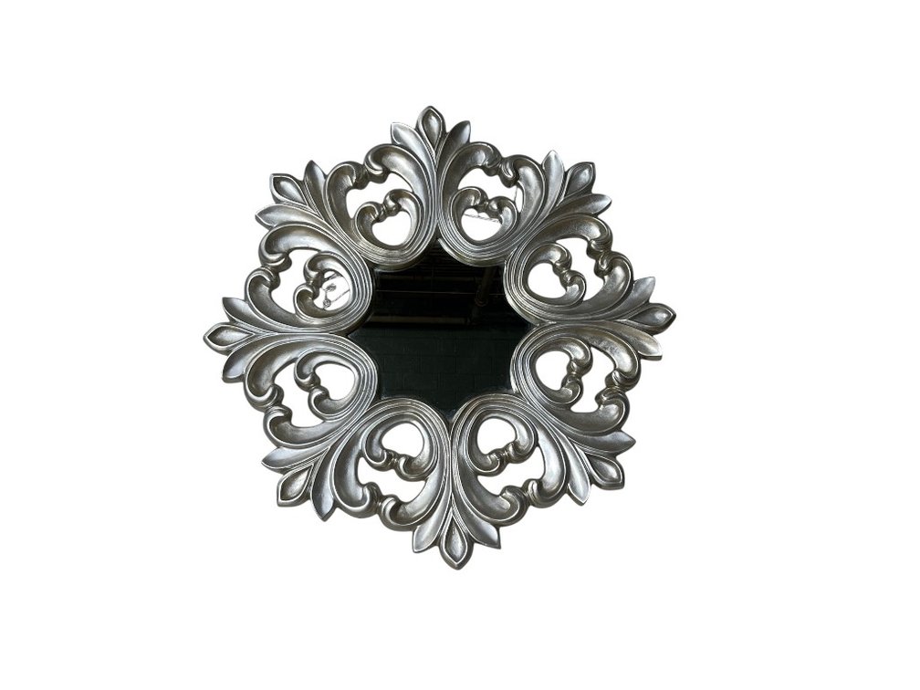 Round Decorative Silver Wall Mirror with Ornate Baroque Motifs
