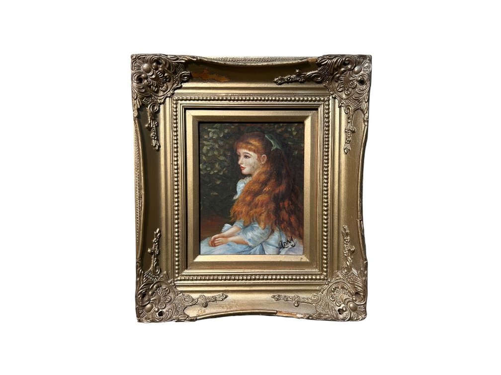 Portrait Oil Painting of a Red-Haired Girl in Ornate Gold Frame
