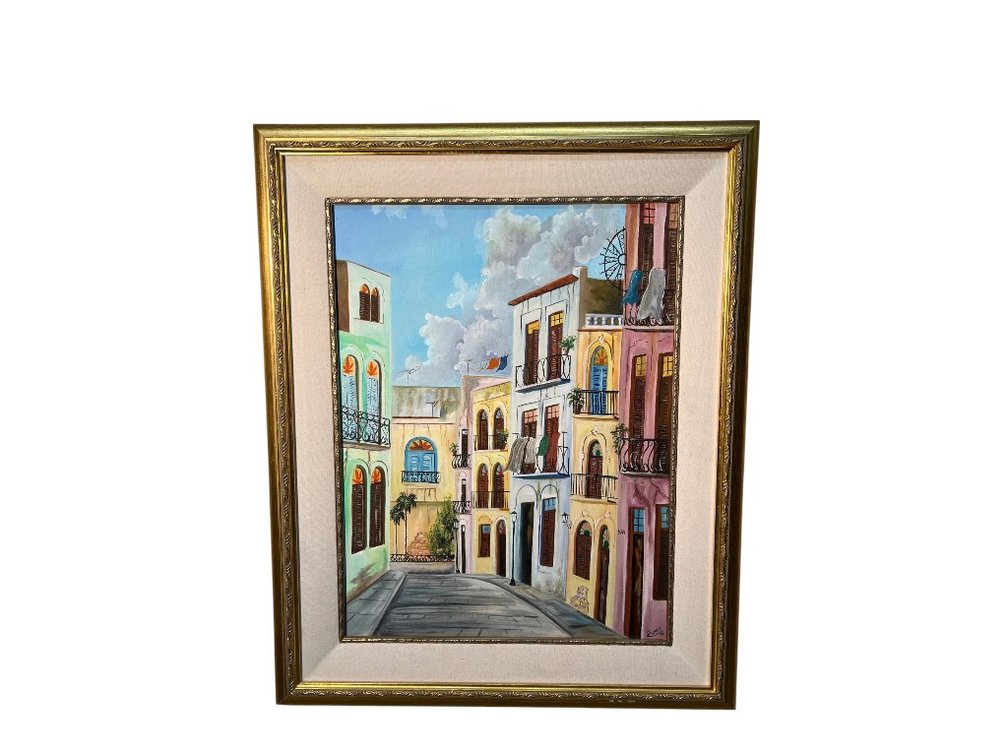 Signed Ronald 1995 Colorful Mediterranean Street Scene Oil Painting, 30 x 36"