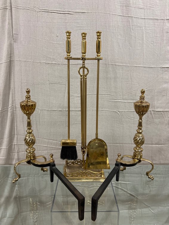Brass Andirons and Fireplace Tool Set with Elaborate Detailing