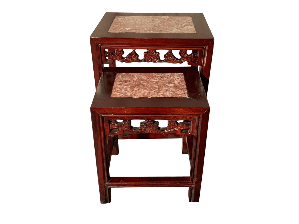 Carved Wood Nesting Tables with Marble Tops