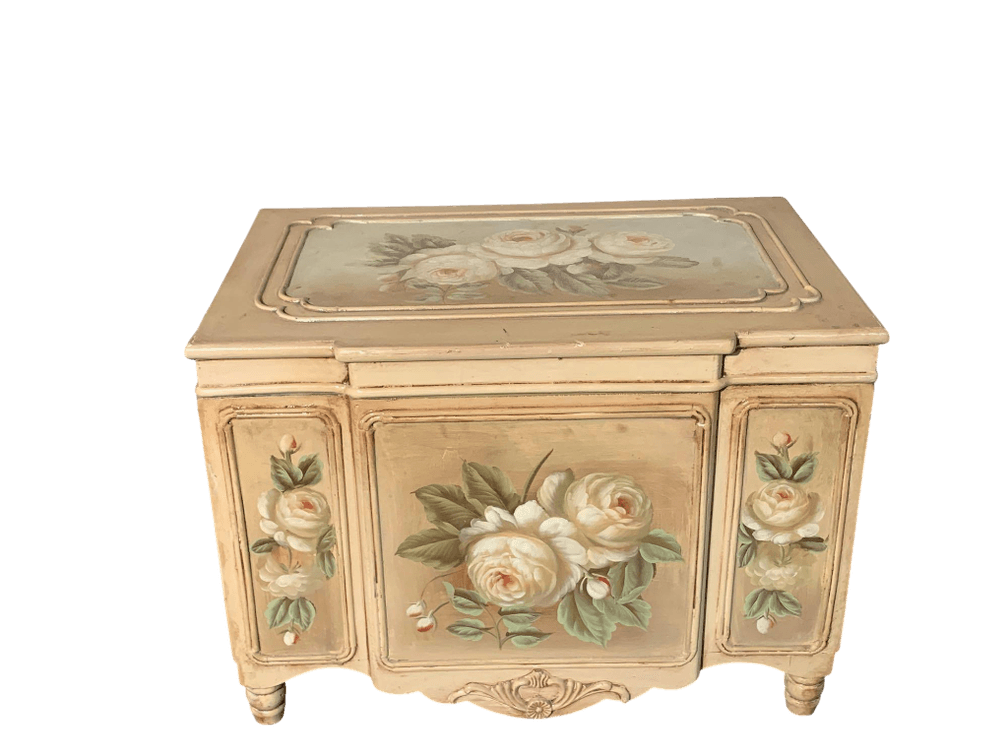 Hand-Painted Vintage Wooden Blanket Chest with Floral Motifs