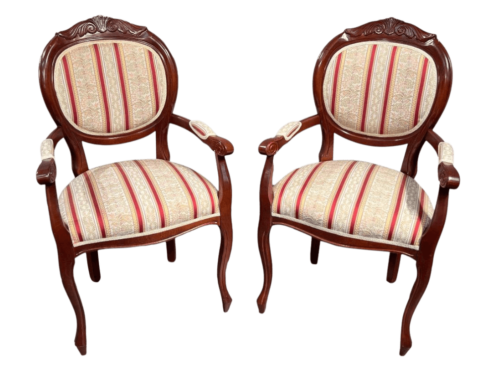 $1,400 Italian Mahogany Ballback Armchair Set with Floral Striped Upholstery