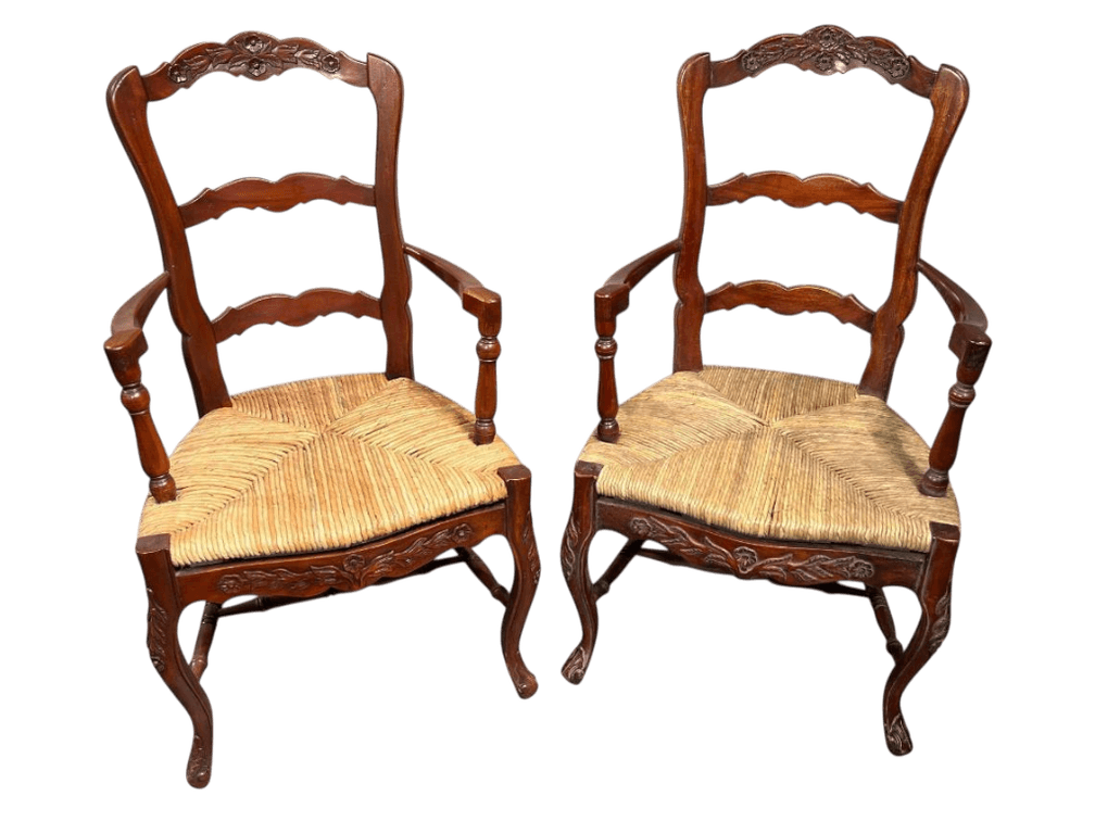 Mahogany Hand-Carved Ladder Back Arm Chair, Pair, 41"